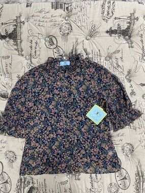 CeCe Navy Floral Button-Front Top with Ruffle Trim